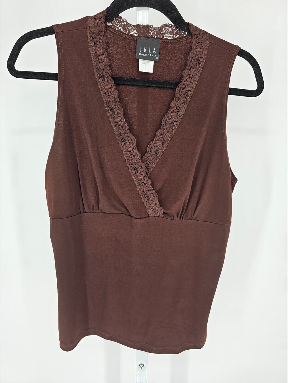 JKLA California Womens Sz XL Sleeveless Top Brown Lace Neckline V Neck Y2K